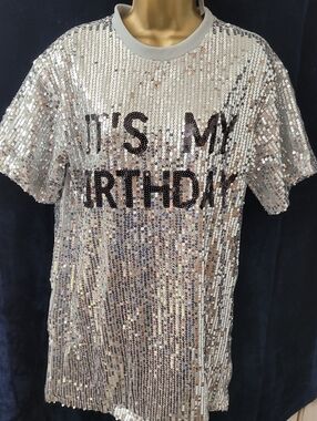 Sequin "It's My Birthday" Tee - Silver